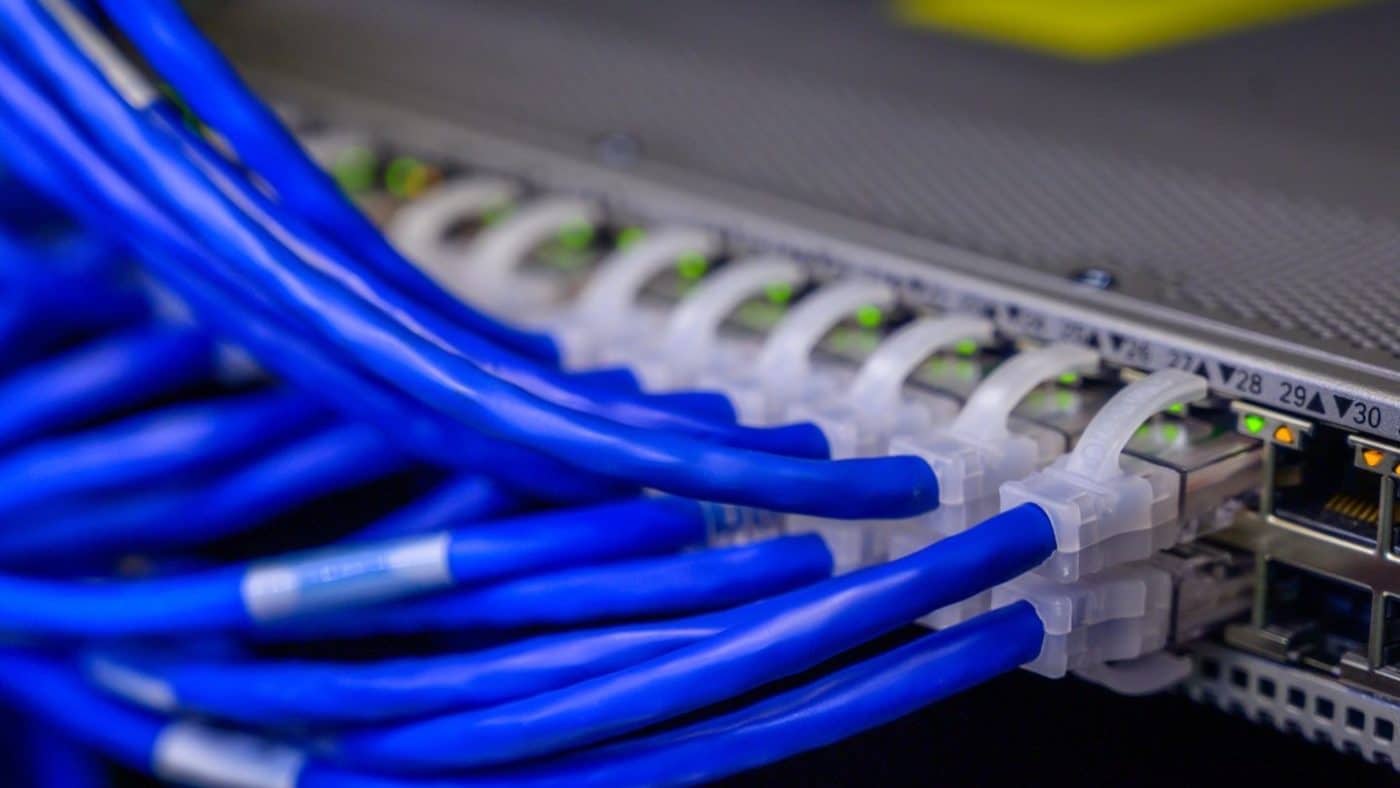 Blue ethernet cables connected into a network switch