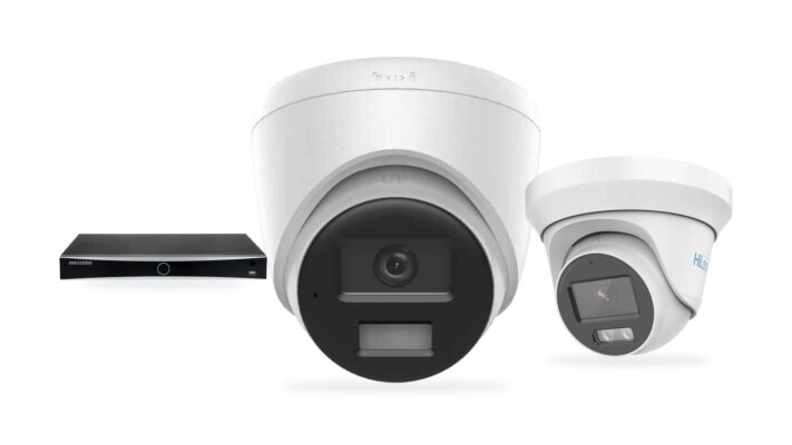 Hikvision-made turret cameras beside a 4-channel PoE NVR recorder