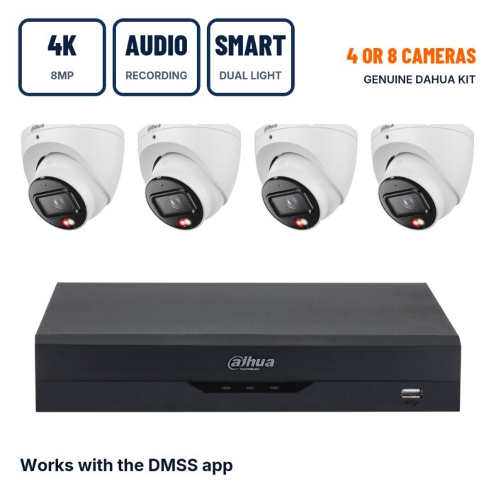 Dahua 4/8 Camera 8MP (4K) Smart Dual Light PoE CCTV Kit with Audio Recording