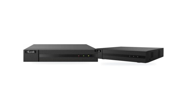 A HiLook 8-channel PoE NVR beside a HiLook 8-channel 5-in-1 DVR