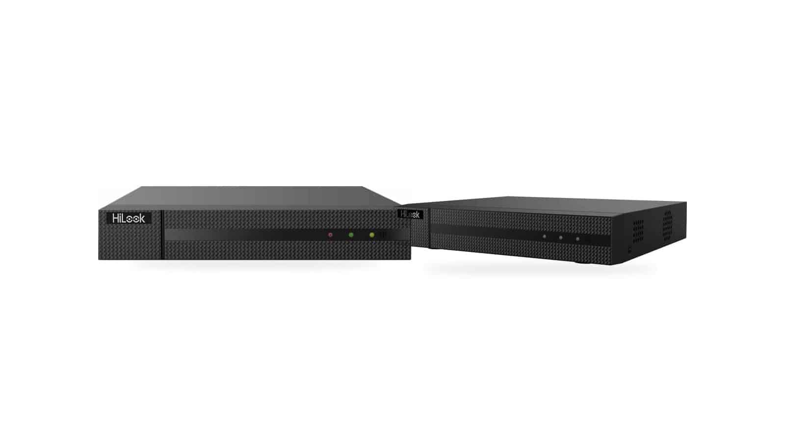 A HiLook 8-channel PoE NVR beside a HiLook 8-channel 5-in-1 DVR