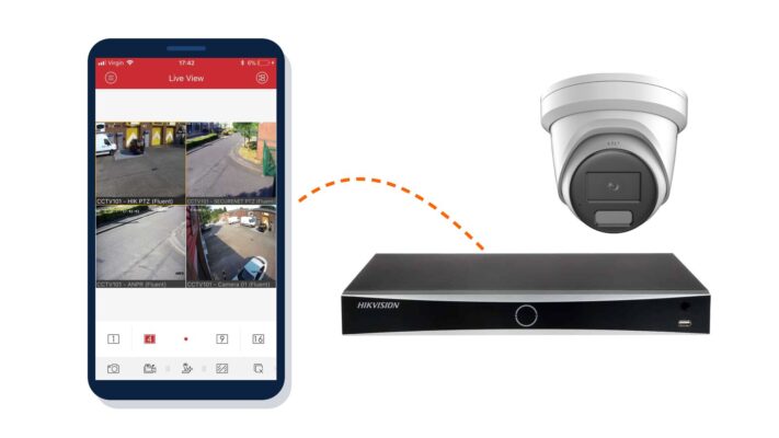 Hik-Connect live view on a phone, beside a Hikvision NVR and turret camera