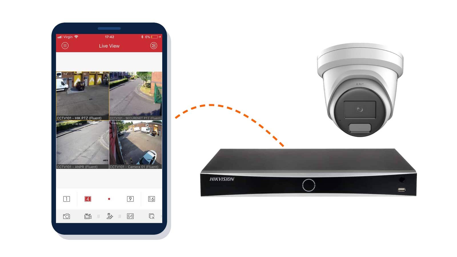 Hik-Connect live view on a phone, beside a Hikvision NVR and turret camera