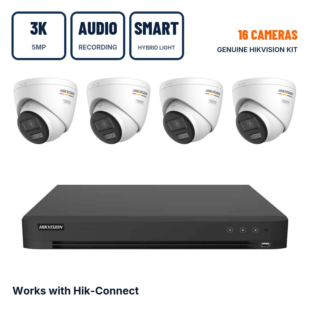 Hikvision 16 Camera 3K Smart Hybrid Light ColorVu Turret CCTV Kit with Audio Recording