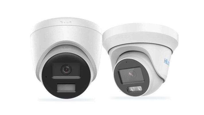An IP network turret camera beside an analogue HD ColorVu turret camera
