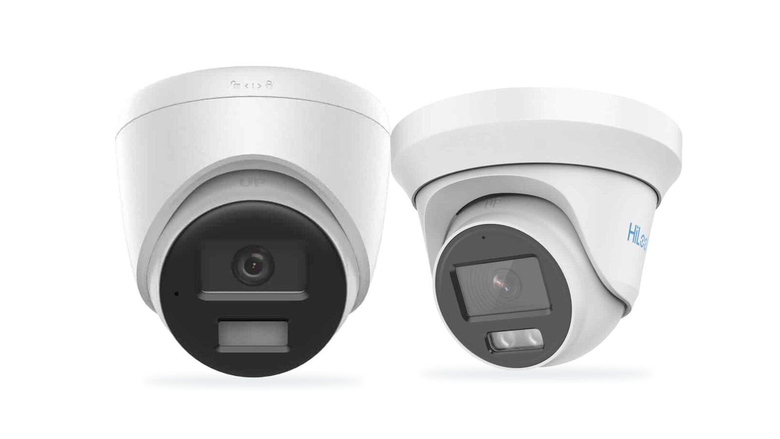 An IP network turret camera beside an analogue HD ColorVu turret camera