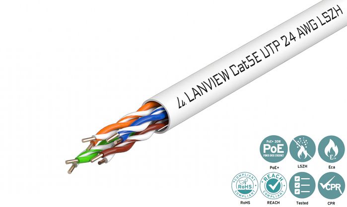 Lanview 305m Cat5e U/UTP Indoor Network Cable, Solid Copper, White LSZH LVN122014