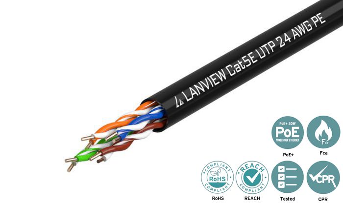 Lanview 305m Cat5e U/UTP Outdoor Network Cable, Solid Copper, Black PE LVN122149